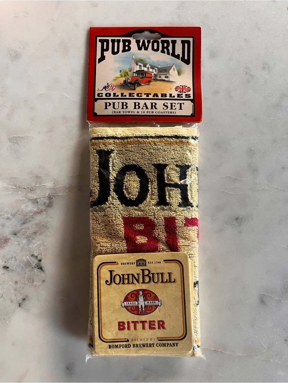 Vintage Pub World Collectables John Bull Bitter Bar Towel & 10 Coasters Set NIP